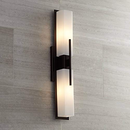Image of Possini Euro Design Midtown Modern Wall Light Bronze Metal Hardwired 23 1 /2 inch 2-Light Fixture White Glass Shade for Bedroom Bedside Bathroom Vanity Living Room Hallway Dining House Home Kitchen
