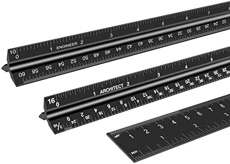 12 Inch Architectural Scale Ruler Set, YXQUA Laser-Etched Aluminum Architectural & Engineering Triangular Scale Ruler with Stainless Steel Ruler, with Velvet Bag for Architects, Engineers (3 Pack)