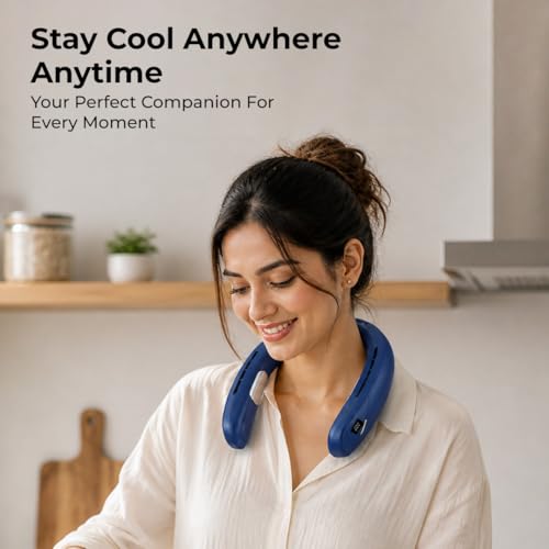 Image of JUST CORSECA Neck Fan | Rechargeable | LED Display | Adjustable Speed | Hands-Free Wearable Cooler for Travel, Outdoor & Summer Use (Blue)