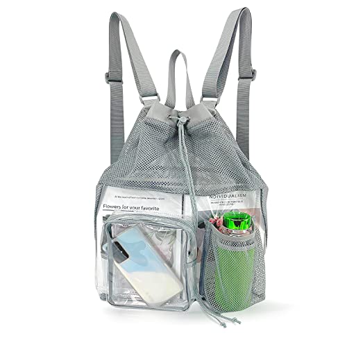 Mildbeer Clear Mesh Backpack for Beach Swimming Gym Travel, Drawstring Mesh Bag Grey