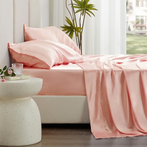 Love's cabin Twin Satin Sheets Sets - 3 Piece Coral Silky Bed Sheets with Deep Pockets, Luxury Silk Feel Satin Twin Size Sheet Set Bedding Set (1 Flat Sheet,1 Fitted Sheet,1 Pillow case)