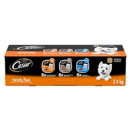 CESAR Classic Loaf in Sauce Adult Wet Dog Food Variety Pack, with 8 Grilled Chicken Flavour, 8 NY Strip Flavour & 8 Lamb Recipe, 24x100g Trays image 2
