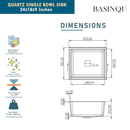 Image of BASINQU Quartz Kitchen Sink 24 x 18 x 9 Inch Granite Kitchen Sink Single Bowl White Quartz Sink for Kitchen Basin Sound Dampening Scratch Resistant UV-Protected Noise Reducing