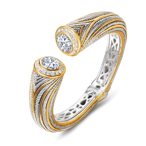 UNY JEWEL Jewelry Multi Strand Twisted Wire Cable Inlay 12mm CZ Vintage Antique Two Tone Elegant Designer Inspired Unique Spring Open Cuff Bangle