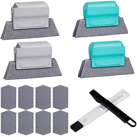 Y8HM Magic Window Groove Cleaning Brush Sets, 4 Pack Hand-held Crevice Window Track Cleaning Brushes with 8 Pieces Replacement Scouring Cloth + 1 Pieces 2 in 1 Dustpan Cleaning Brushes Cover