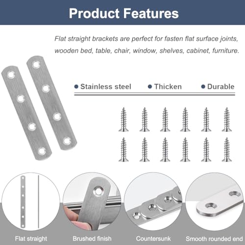 Image of 8 Pack Flat Straight Brace Brackets 4 Inch Stainless Steel Mending Plates Repair Fixing Brackets Heavy Duty Straight Repair Joining Plates with Screws