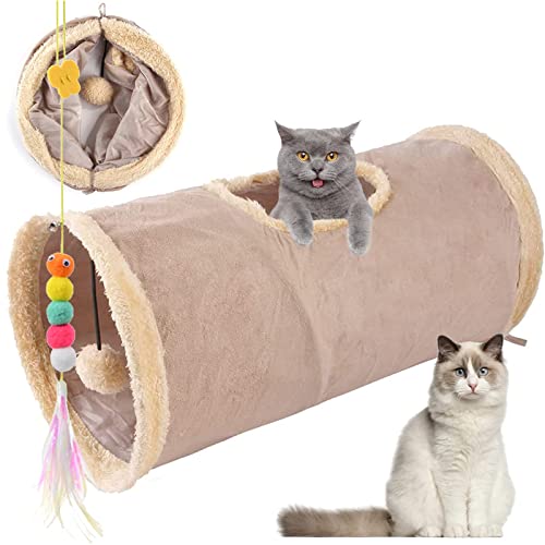 Tunnel pour Chats Pliable avec Grottes, pour Chat en Daim Jouet Animaux pour Chatons Chiot Lapins Cochons d’Inde Furet Dia, avec des Balles et des Jouets Amusants pour Chats (Kaki) Cover