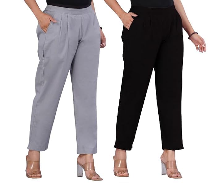 Pack of 2 Women Trousers High Waist Pants | Straight Fit Ladies Pants for Casual & Office Wear | Elastic Waist Ankle Length Bottom Wear-image-26