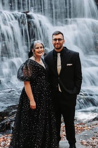 Women's Sparkle Starry Tulle Prom Dresses Puffy Sleeve Evening Gowns Long Slit Formal Party Dress with Pockets4