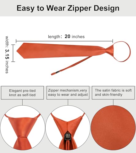 Image of YourTies Zipper Tie for Men Adjustable Pre-tied Satin Neckties and Pocket Square Set Solid Color Business Formal Wedding
