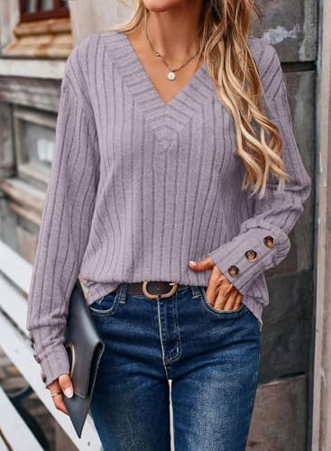 Image of Dokotoo Womens Tops V Neck Lightweight Sweater Fall Long Sleeve Top 2026 | Decorative Buttons, Soft Breathable Knit Material, Pullover Tunic Tops, Business Casual, Fall Outfits, Winter Clothing 2026