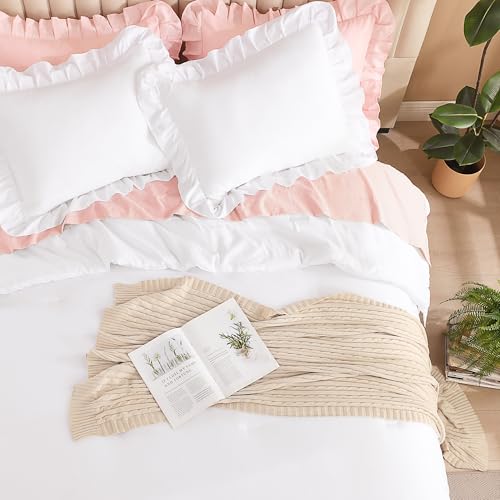 Image of Litanika White Twin Size Comforter Sets, 3 Pieces Ruffle Farmhouse Aesthetic Bedding Comforter Sets, All Season Soft Lightweight Fluffy Microfiber Bed Set(66x90In Comforter, 1 Pillowcase)