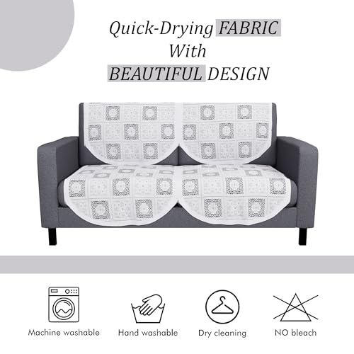 Image of Kuber Industries (Set of 4) Stylish & Durable Cotton Sofa Covers 2 Seater | Washable Sofa Protector /Mat & Slipcover for Hall, Living Room & Office | Square Flower - White