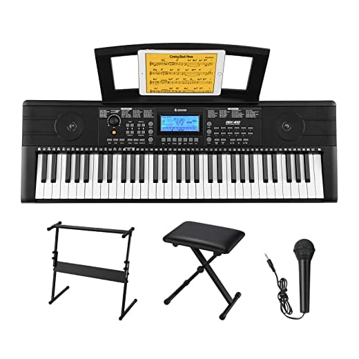 Donner 61 Tasti Pianola Tastiera Kit, Tastiera Musicale per Principianti con Leggio, Microfono, Pianoforte Elettrico Panca e Supporto, Supporta MP3/USB MIDI/Audio/Microfono/Cuffie/Pedale Sustain