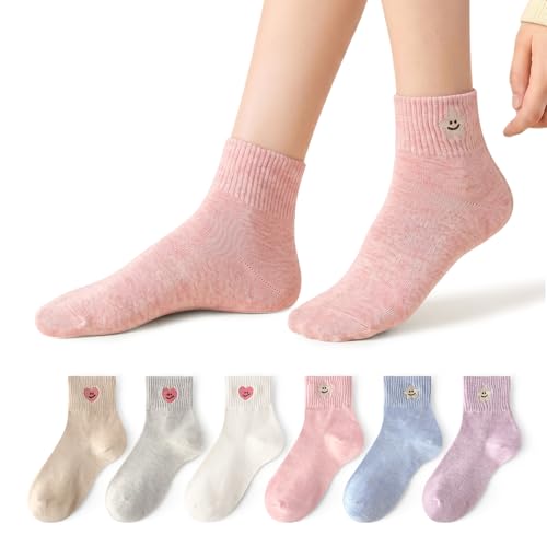 Image of 6 Pairs Women Cute Colorful Embroidered Cotton Casual Quarter Socks with Smile Face Valentine Heart Star Pattern