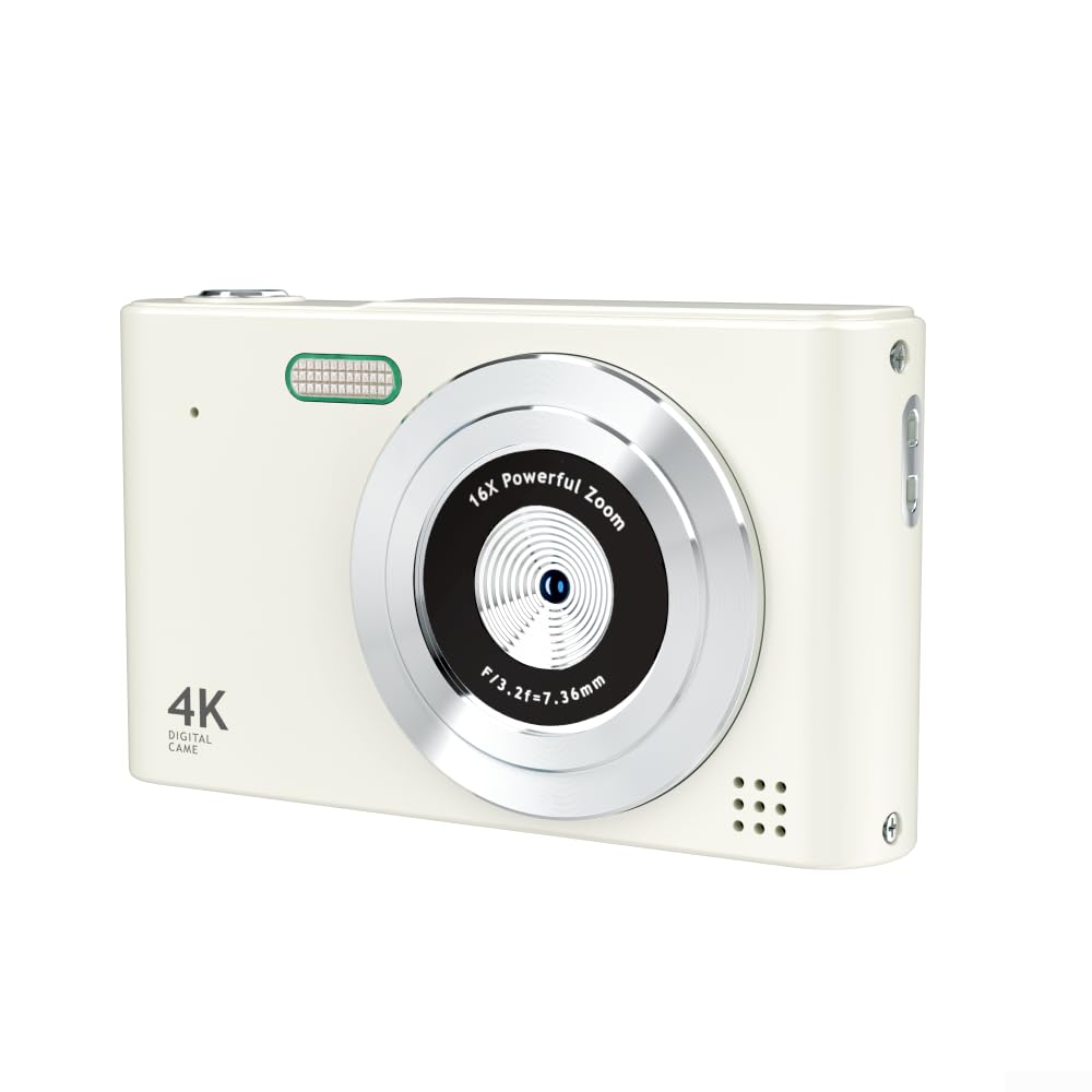 Fotocamera digitale 4 K 48 MP, videocamera con schermo da 2,4 pollici, zoom 16x, flash con rilevamento del viso anti-shake per studenti (bianco 32G)