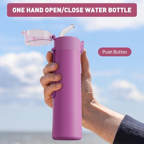 Botella de agua pequeña de 9oz con pajilla, diseño de apertura con una mano, tapa con bloqueo a prueba de fugas para bebidas frías y calientes, ideal para escuela y viaje (Lavanda) miniatura 4