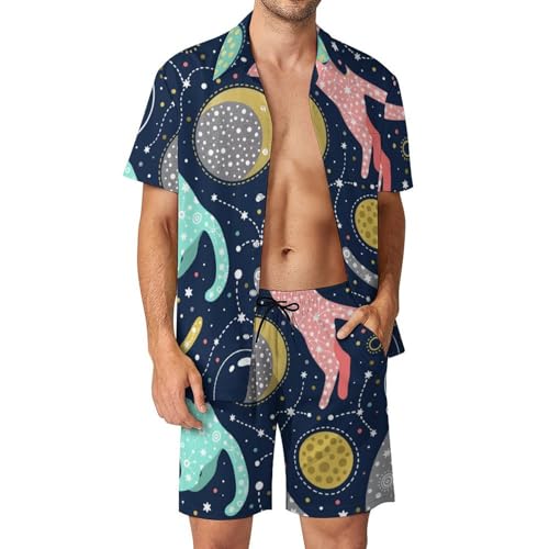 Chemise hawaïenne hommes et ensemble short de plage imprimé chat de l'espace