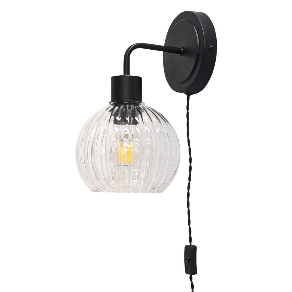 Toby Black Plug-in Wall Light - Clear Ribbed Shade - No Wiring Required
