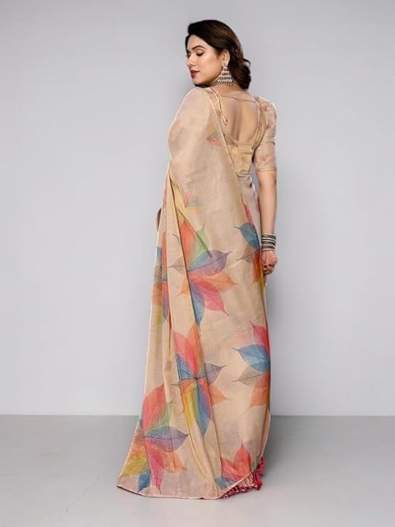 Image of Lilan Cotton Saree with White Daisy Floral Prints Tassel Pallu Lightweight Summer Saree