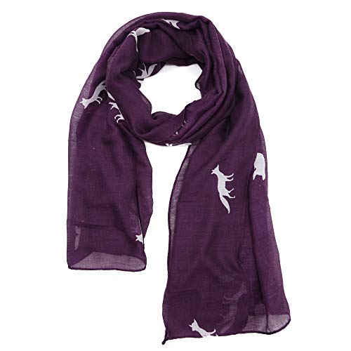 AnJuHoPa Bufanda de viscosa Bufanda con lazo Pañuelo tejido Pañuelo fino y transpirable Elegante Bufanda con estampado animal para niñas y mujeres White fox and rabbit Purple