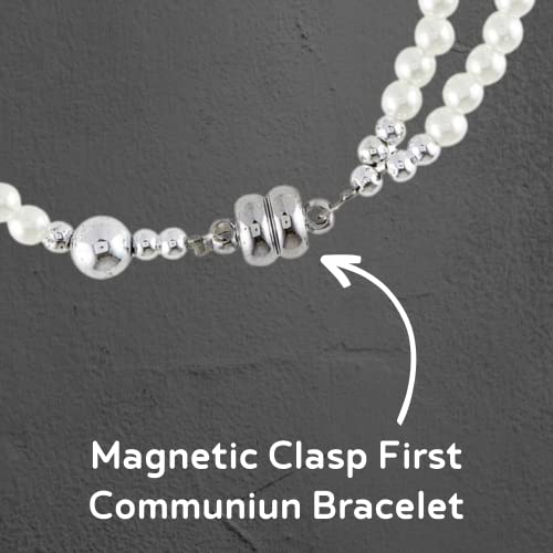 Image of Needzo First Communion Imitation Pearl Rosary Bracelet with Cross and Chalice Charms, Baptism Jewelry Gift, One Size Fits Most