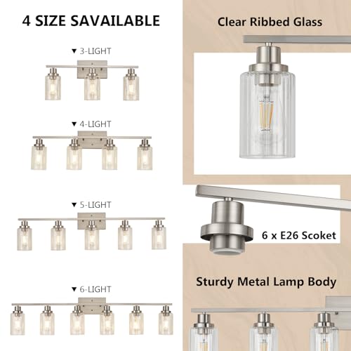 Jonsi Brushed Nickel Bathroom Light Fixtures, 6-Light Brushed Nickel Vanity Light, Bathroom Vanity Light with Stripe Glass Shade, E26 Wall Sconces Over Mirror for Bathroom, Living Room, Hallway by Jonsi - Used condition - Image 8