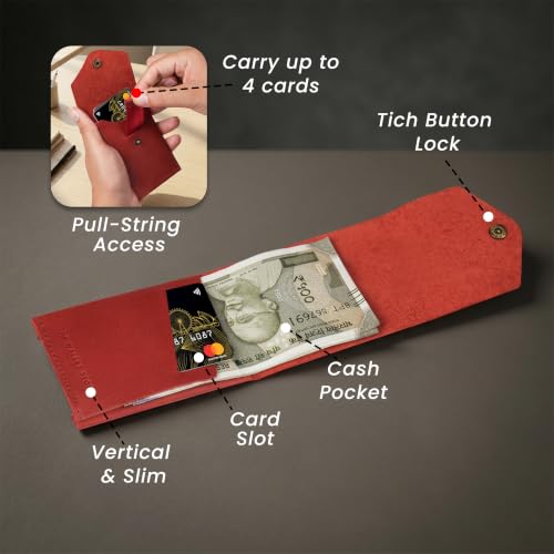 Image of The Wallet Store Flip Genuine Leather Vertical Slim Wallet for Men | Pull-String Quick Card Access | Compact Front Cash Pocket & Button Lock | Minimalist Travel & Daily Carry Wallet (Red)