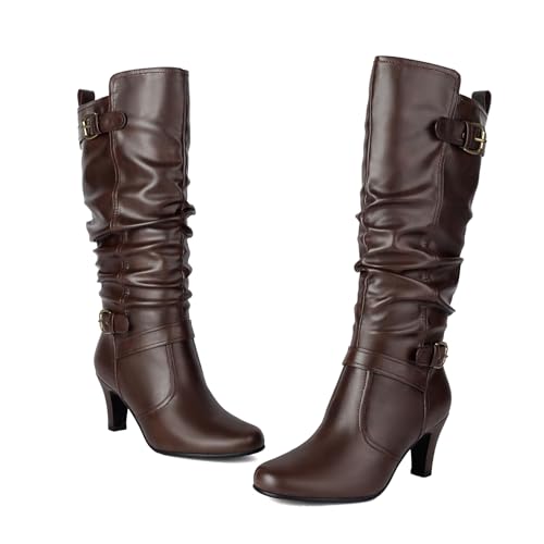 UTIKLIOU Women's Knee High Boots Wide Calf Slouchy Boots Low Heel Pull On Round Toe2