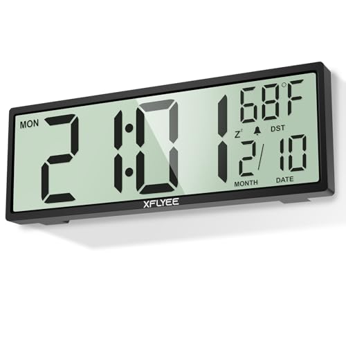 Xflyee 14.5'' Large Digital Wall Clock Battery Operated with Jumbo Numbers, Auto DST, Day, Date, Alarm, Temperature for Living Room, Bedroom, Desk Decor, Gift, LCD Screen Display Easy to Read and Set