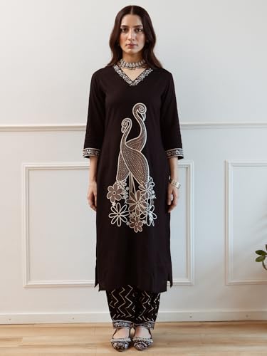 Image of INDO ERA Women's Viscose Rayon Embroidered Straight Kurta With Pant Set (IEOUT6942)