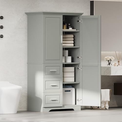 Image of Merax 62.2 inch Pantry Cabinet with Three Doors & Three Drawers, Adjustable Shelves Storage Cupboard for Kitchen /Dining Room /Bathroom, Gray