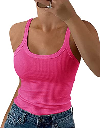 GEMBERA Women Spaghetti Strap Scoop Neck Ribbed Tank Tops Slim Fitted Cotton Camisole Basic Sleeveless Layering Shirts(3227 Hotpink M)
