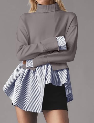 Image of Women Asymmetrical Patchwork Sweaters Slit Turtleneck Pullover Sweater Dress 2 in 1 Sweater Shirt Tunic Sweater Tops