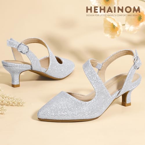 Image of Hehainom Girls Dress Shoes Kitten Heels Sandals Little Big Kids Pointed Toe Slingback Wedding Party Pumps Shoes