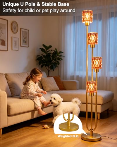 Image of Lightdot 4-Lights Glass Floor Lamp Dimmable Gold Floor Lamps with Deep Red Glass Shade 3000K Bulbs Included Unique Modern Standing Tall Lamp with 5Lbs Heavy Base for Living Room /Bedroom /Sofa Beside