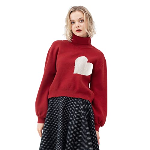 Image of CHICWISH Women's Red Embroidered Heart High Neck Knit Sweater
