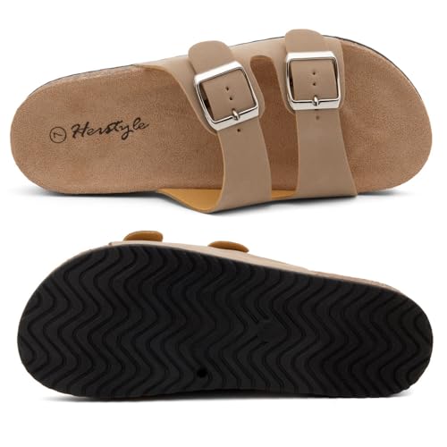 Image of Herstyle Womens Cork Footbed Slides for Women, Double Strap Flat Sandals, Adjustable Buckle Comfort Slip On Shoes, Summer Beach Casual Walking Slippers