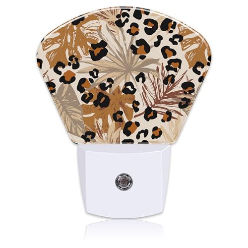 Image of Abstract Leopard Tropical Leaves Night Light Plug into Wall, Camouflage Spots Leaves Night Light with Dusk to Dawn Sensor for Kid Girls Boys Women Men Room, Hallway, Kitchen, Bathroom, Stairs Decor