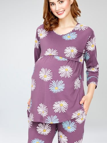 Image of ZEYO Cotton Blend Women's Cotton Floral Printed Nursing & Maternity Night Suit Set Of Top & Relaxed Pyjama Feeding Night Dress 5804