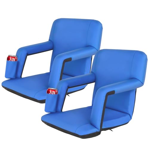 LEMY 5 Reclining Positions Adjustable Stadium Seat for Bleachers Portable Water Resistant Stadium Chair with Back/Arms/Cushion for Outdoor or Indoor(2 PCS, Blue)