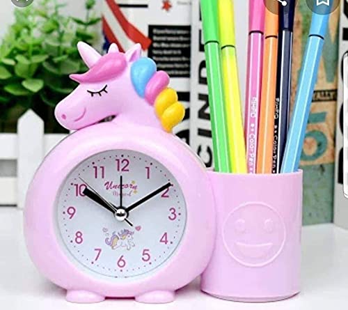About Home Plastic Unicorn Silent Bedside Alarm Table Clock With Pen Stand For Kids Room (Pink, Blue), Digital
