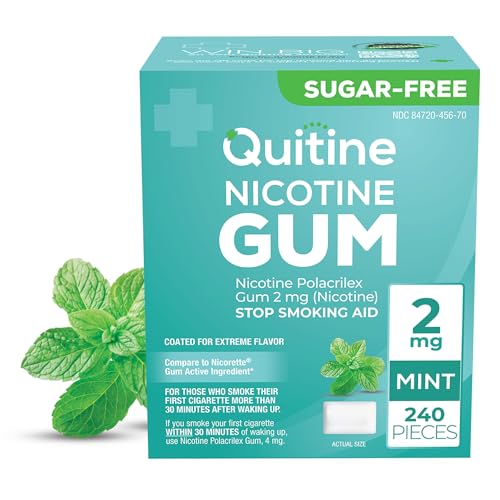Quitine Nicotine Gum 2mg, Mint Flavor, Stop Smoking Aid – Relieve Nicotine Cravings with Effective, Affordable NRT | Long-Lasting Flavor, 240 Count, Traditional Gum to Support Your Quit Journey