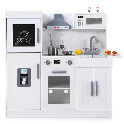 Image of GarveeLife Wooden Play Kitchen - Kids Kitchen Playset with Cookware Accessories, Microwave, Oven, Sink, Real Lights & Sounds - Perfect for Chef Pretend Play, White