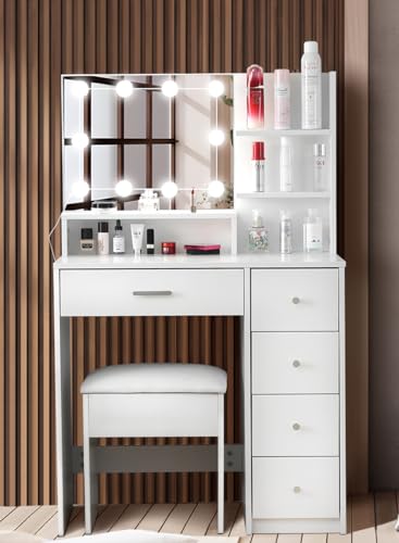 Bennbari ドレッサー 化粧台 引き出し ドレッサーテーブル ドレッサーデスク LEDライト付き 鏡台 メイク台 化粧テーブル 一面鏡 化粧デスク 収納付 スツール付き ドレッサー化粧台 おしゃれ 一人暮らし (ホワイト)
