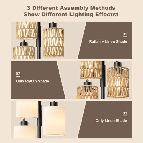 Image of Oneach 70 inch Floor Lamps for Living Room, Stepless Dimmable Boho Floor Lamp with 3 Bulbs, Tall Farmhouse Industrial Corner Standing Tree Lamp for Bedroom, Office, Study Room, Rattan with Linen Shade