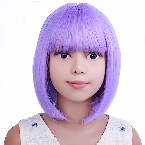 Image of PATTNIUM Kids Purple Wig Child Bob Wig Short Light Purple Wigs for Girls Lavender Purple Bob Hair Cosplay Party Synthetic Rose Net Daily Wear Wigs