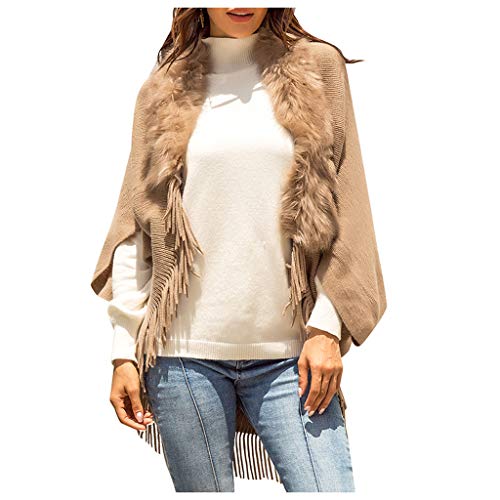 general3 Women Winter Vintage Poncho Capes Batwing Sleeve Fur Collar Tassel Blanket Shawl Wrap Cardigan Sweater Coat (Khaki, Medium)