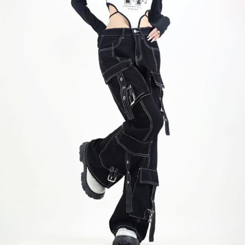 Y2K Gothic Grunge Casual High Waisted Loose Straight Wide Leg Multi Pockets Vintage Black Denim Cargo Pants4