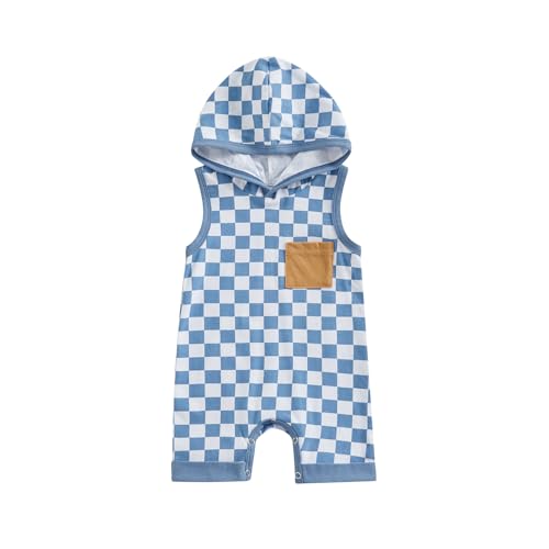 Image of Karesoull Newborn Boy Checkered Outfit Baby Sleeveless Hooded Romper Jumpsuit Cute Summer Clothes